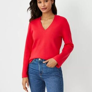 LOFT Red V-Neck Sweater with Long Sleeves